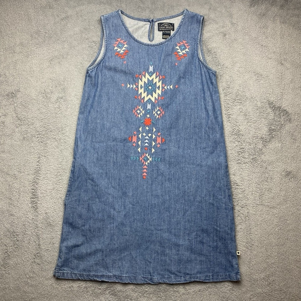 Lucky Brand Dress Women's XL (16) Denim Jean Blue 100% Cotton Aztec With Pockets